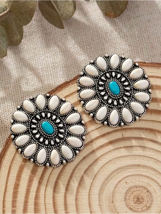 Turquoise & White Round Bohemian Style Statement Earrings Western Jewelry Nwt